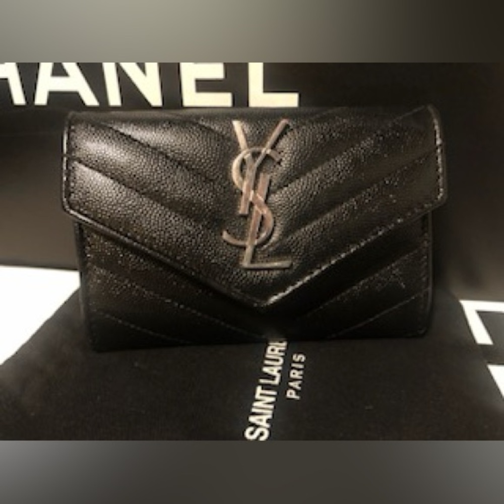💯 Authentic Yves Saint Laurent YSL Silver Black Small Bi Fold Wallet
